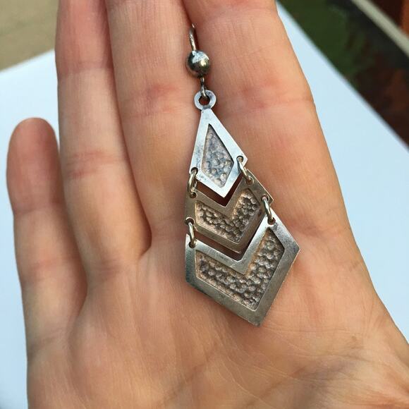 Stamped silver textured geometric fish hook earrings - Picture 9 of 11